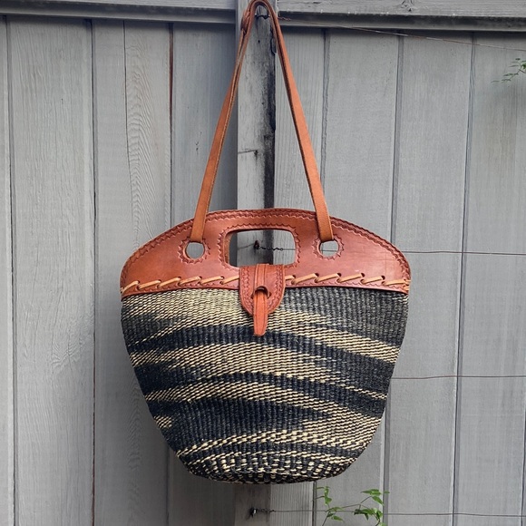Handbags - African leather and sisal woven shopper tote bag